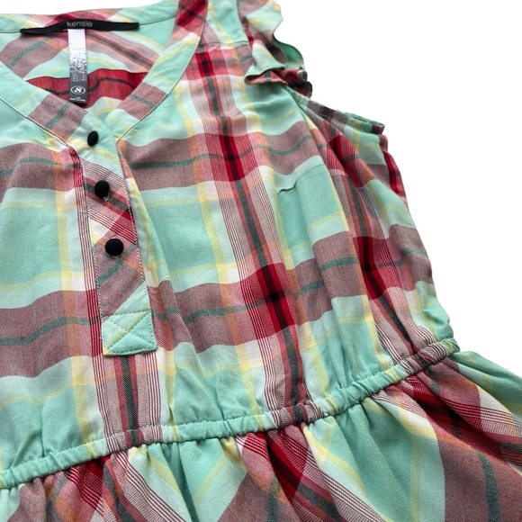 Kensie Womens Sz Small Teal Red Plaid Button Front Sleeveless Ruffle Flowy Dress - Picture 9 of 16